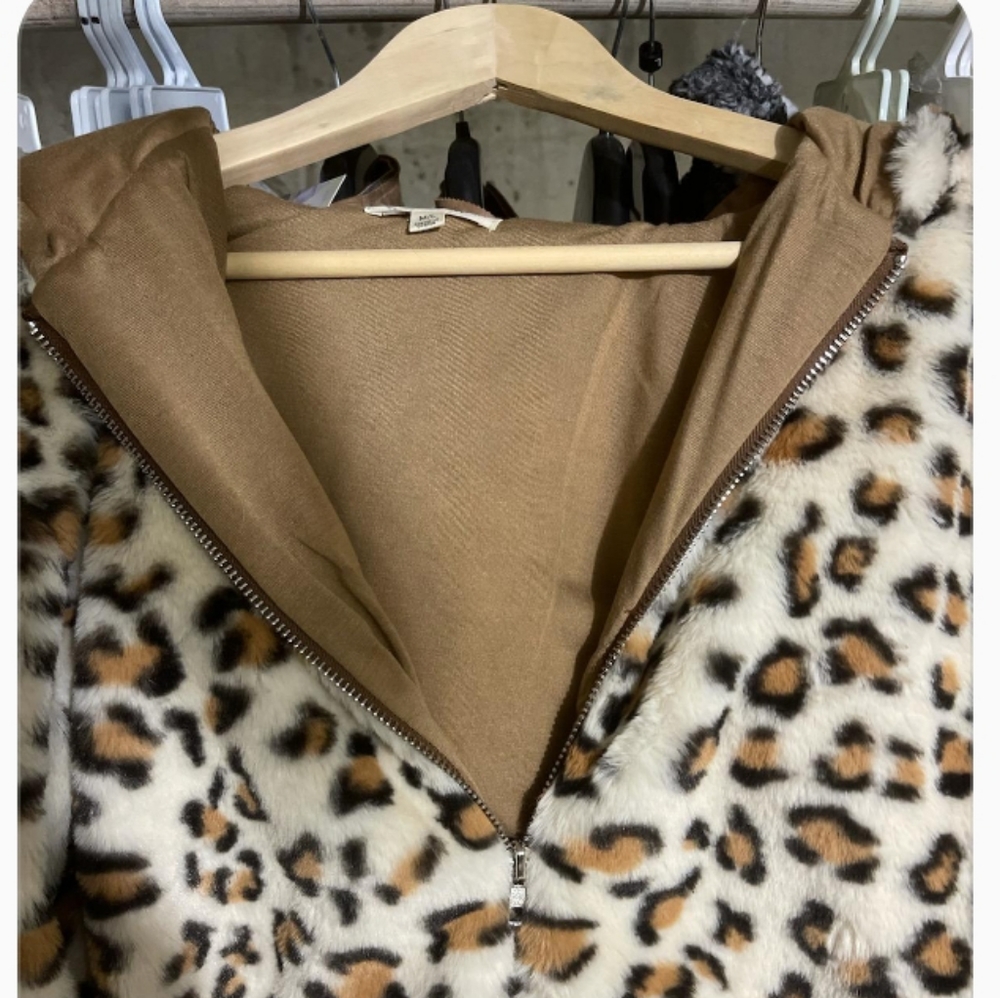 Ivory Leopard Faux Fur Hoodes Bomber Jacket - Picture 6 of 7